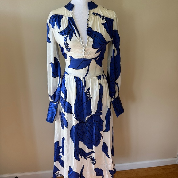 Dea Kudibal Alondradea Blue White Black Silk Satin Women's Fitted Midi Dress - Picture 5 of 17